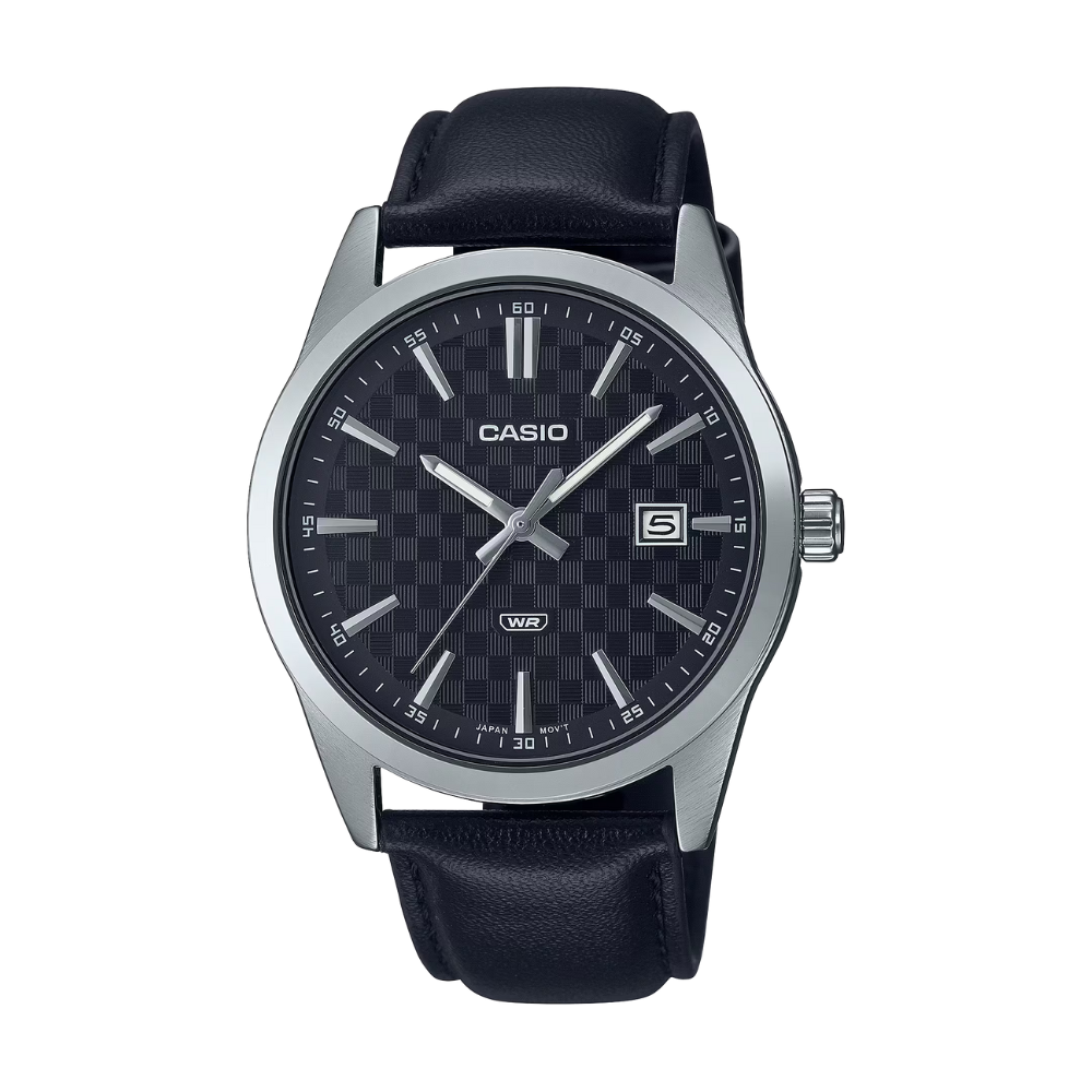 Casio watch with black strap and black dial on a white background