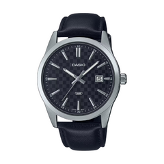Casio watch with black strap and black dial on a white background