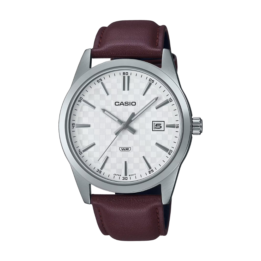 Casio watch with a brown leather strap on a white background