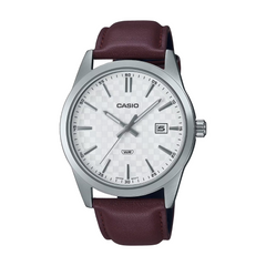 Casio watch with a brown leather strap on a white background