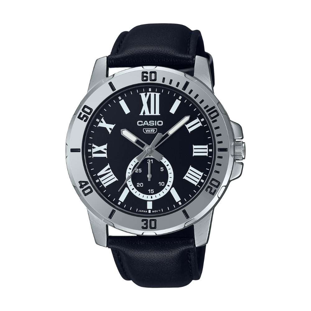 Casio watch with black strap and black dial on a white background
