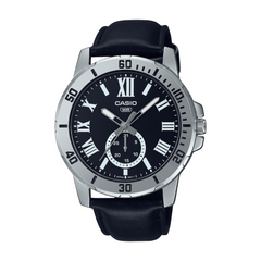 Casio watch with black strap and black dial on a white background