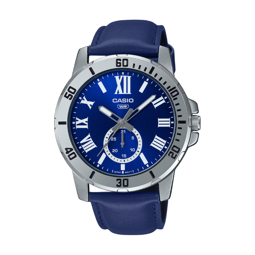 Casio watch with blue strap and blue dial on a white background