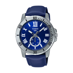 Casio watch with blue strap and blue dial on a white background