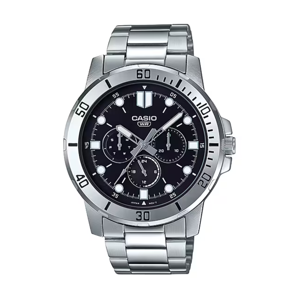 Casio watch with silver metal strap and black dial on a white background