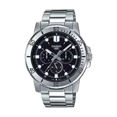 Casio watch with silver metal strap and black dial on a white background