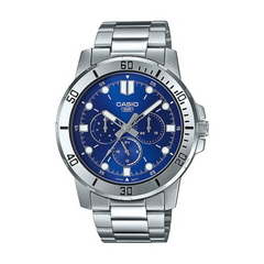 Casio watch with blue face and silver metal strap on a white background