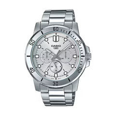 Silver Casio watch with a white face on a white background