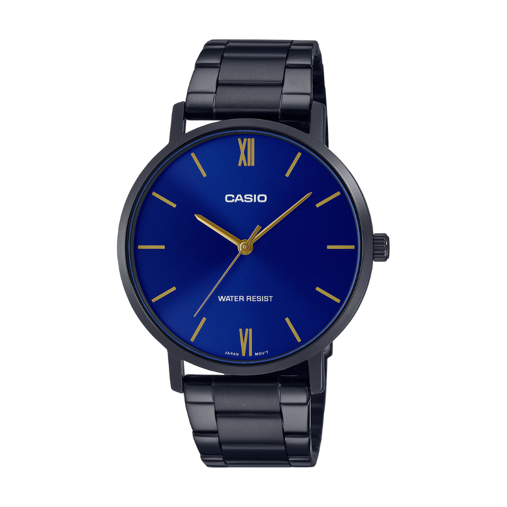 Casio watch with blue dial and black metal strap on a white background