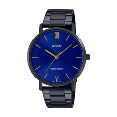 Casio watch with blue dial and black metal strap on a white background