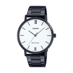 Casio watch with black strap and white face on a white background