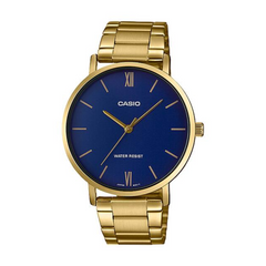 Gold Casio watch with blue dial on a white background