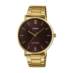 Gold Casio watch with a brown dial on a white background