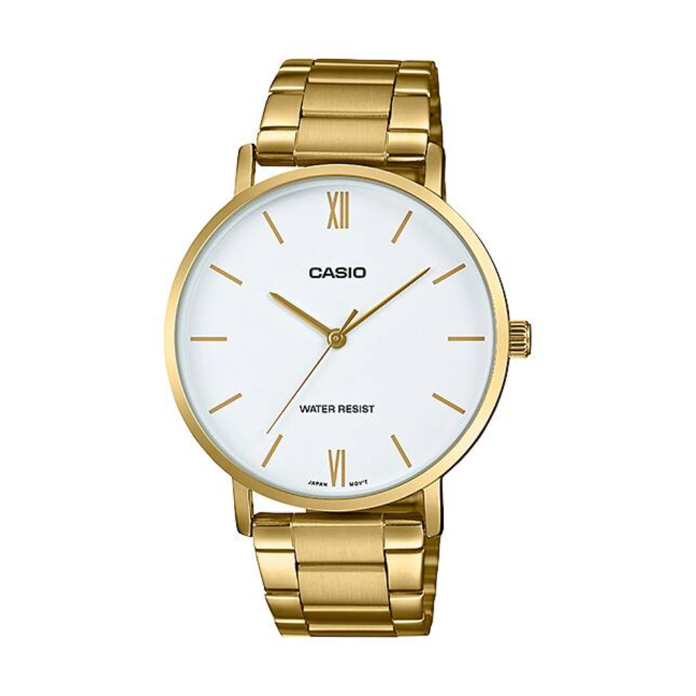 Gold Casio watch with a white face on a white background
