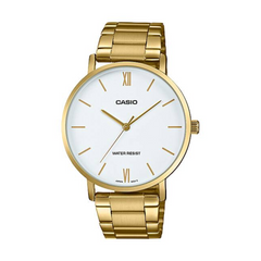 Gold Casio watch with a white face on a white background