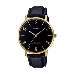 Casio watch with black face and leather strap on a white background