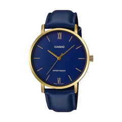 Casio watch with blue strap and face on a white background