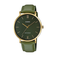 Casio watch with green strap and dark green face on a white background