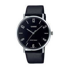 Casio watch with black face and leather strap on a white background