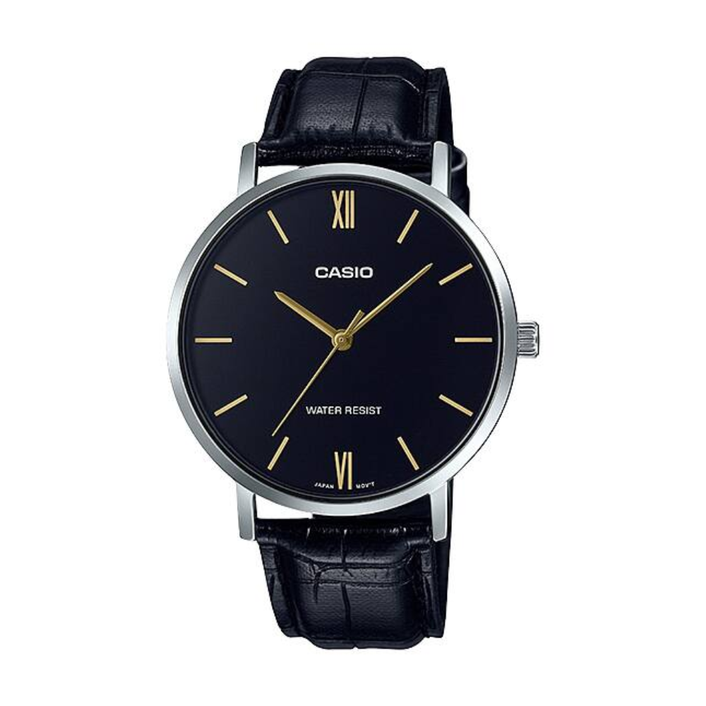 Casio watch with black leather strap and dark face on a white background