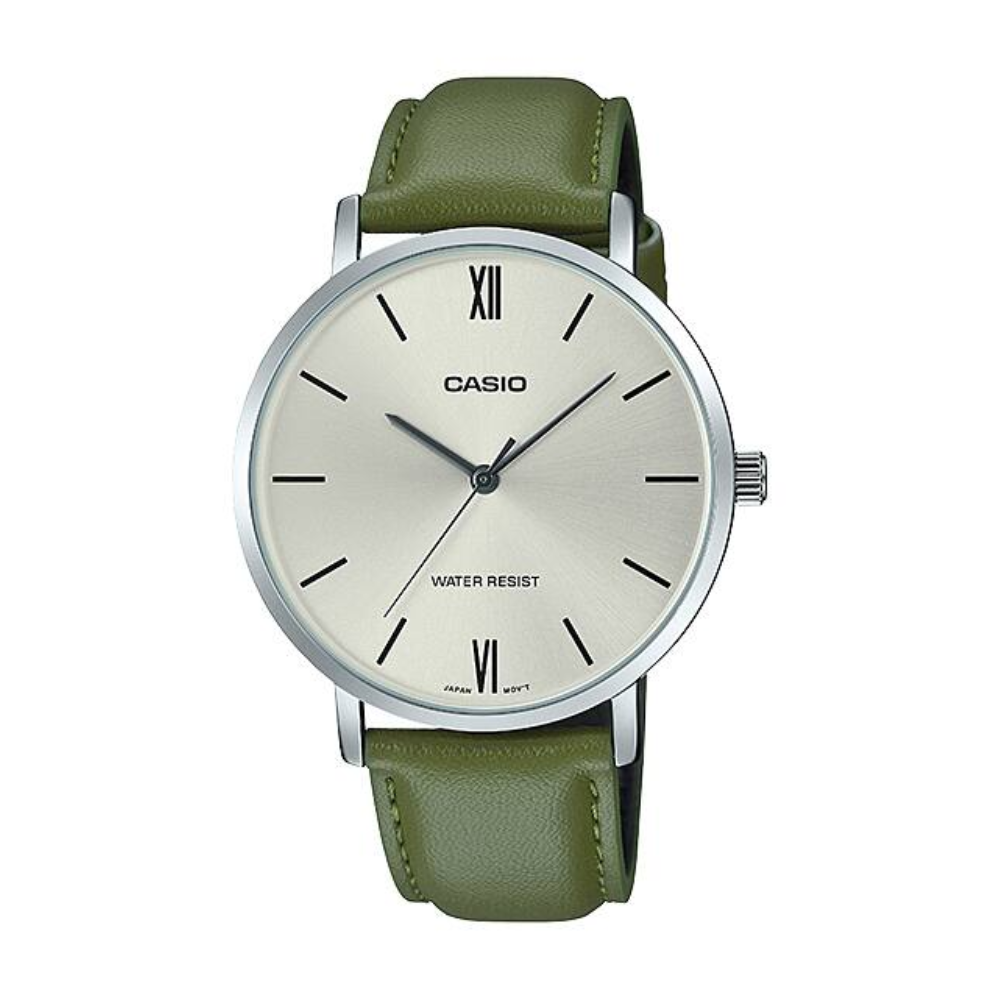 Casio watch with green strap on a white background