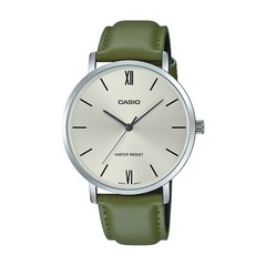 Casio watch with green strap on a white background