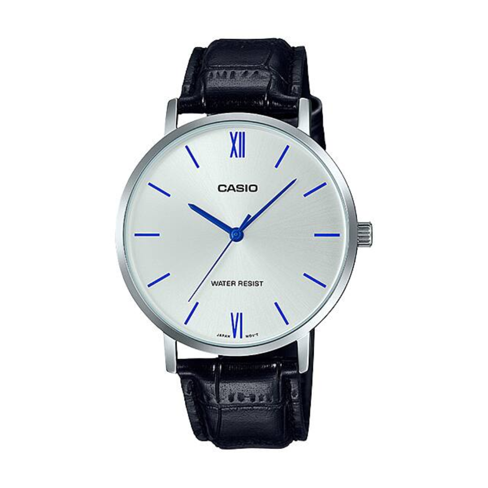Casio watch with black leather strap and white face on a white background