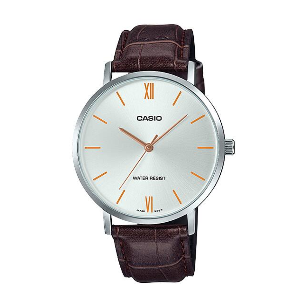 Casio watch with brown leather strap on a white background