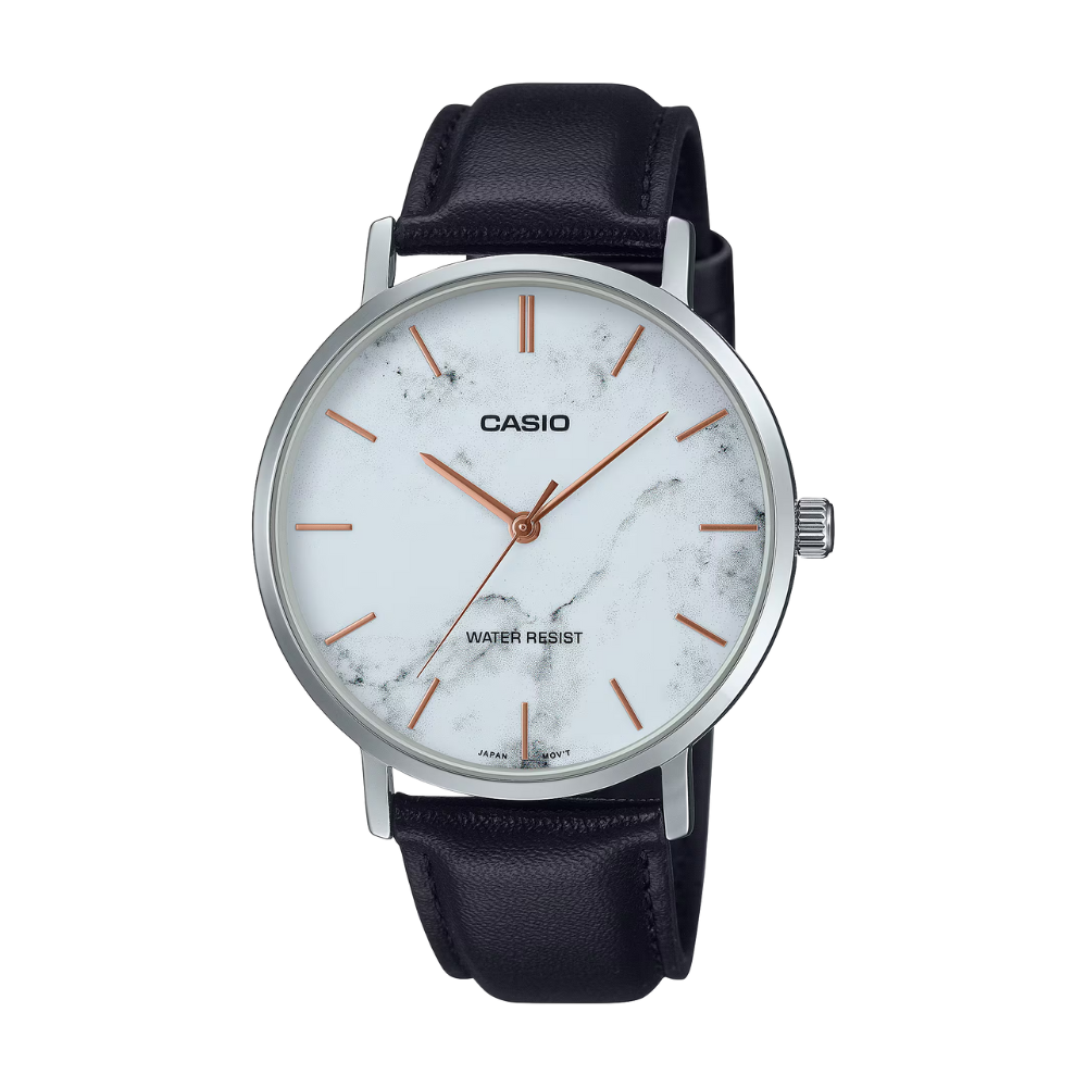 Casio watch with black leather strap and white marble-patterned dial on a white background