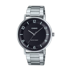 Casio watch with black dial and silver metal strap on a white background