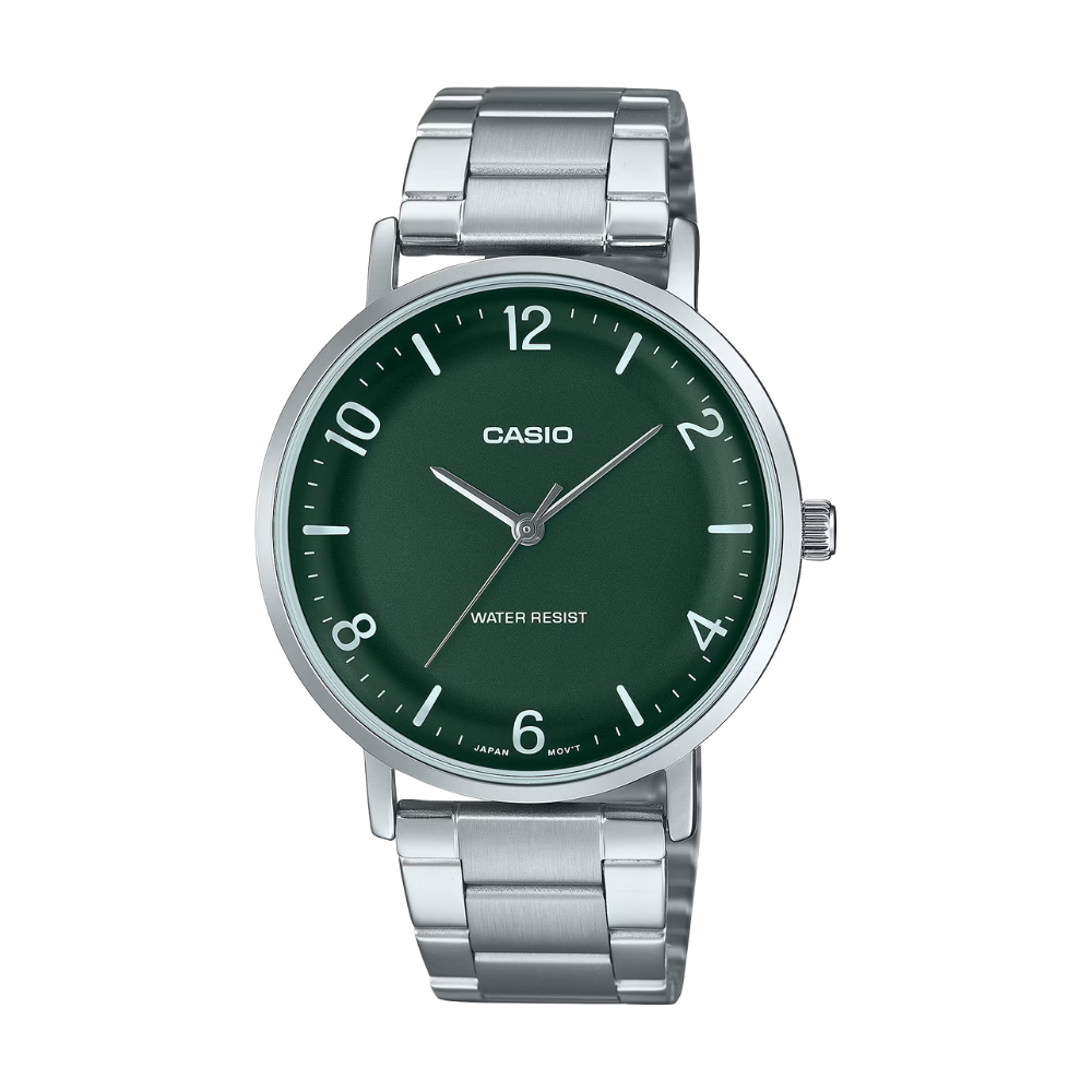 Casio watch with green dial and silver metal strap on a white background