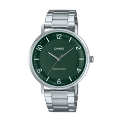 Casio watch with green dial and silver metal strap on a white background