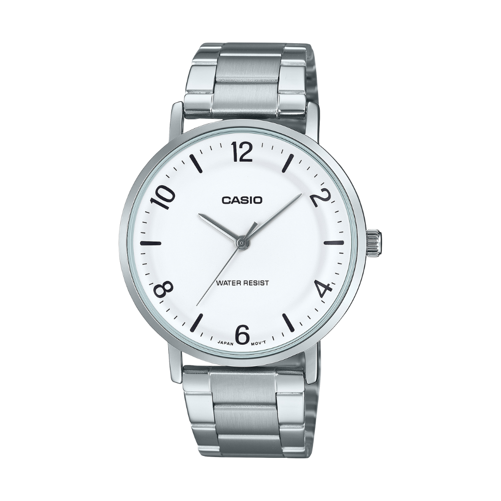 Silver Casio watch with a white face on a white background