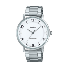 Silver Casio watch with a white face on a white background