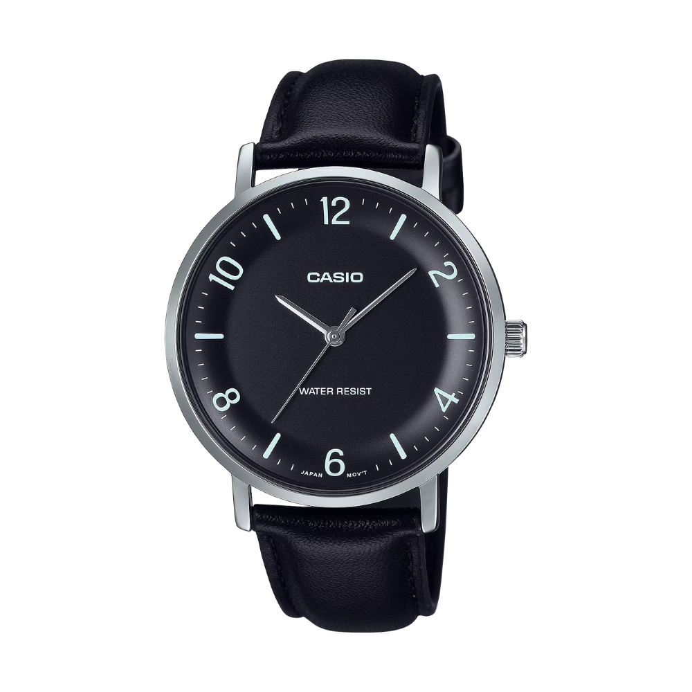 Casio watch with black dial and leather strap on a white background