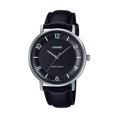 Casio watch with black dial and leather strap on a white background