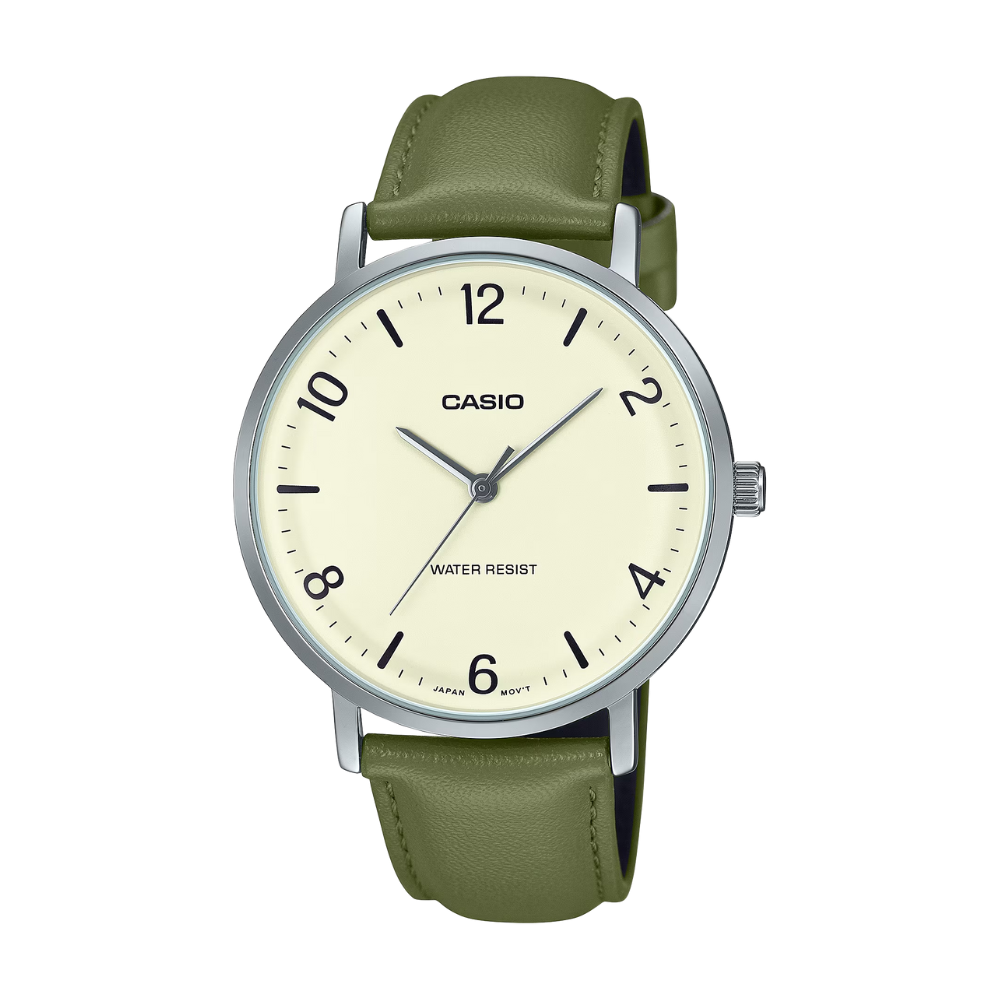 Casio watch with green strap on a white background