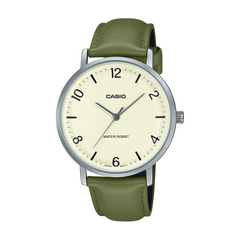 Casio watch with green strap on a white background