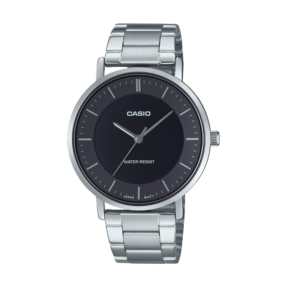 Casio watch with silver metal strap and black dial on a white background