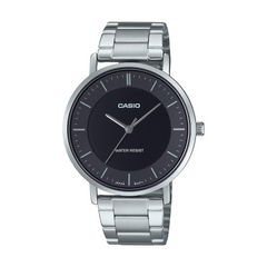 Casio watch with silver metal strap and black dial on a white background