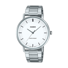 Silver Casio watch with a white face on a white background