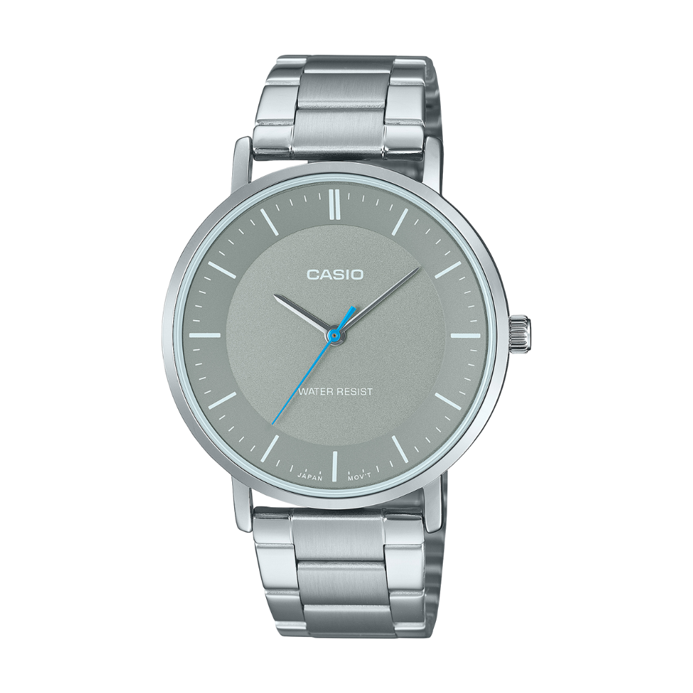 Silver Casio watch with a gray face on a white background