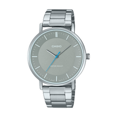 Silver Casio watch with a gray face on a white background