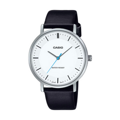 Casio watch with black leather strap and white dial on a white background