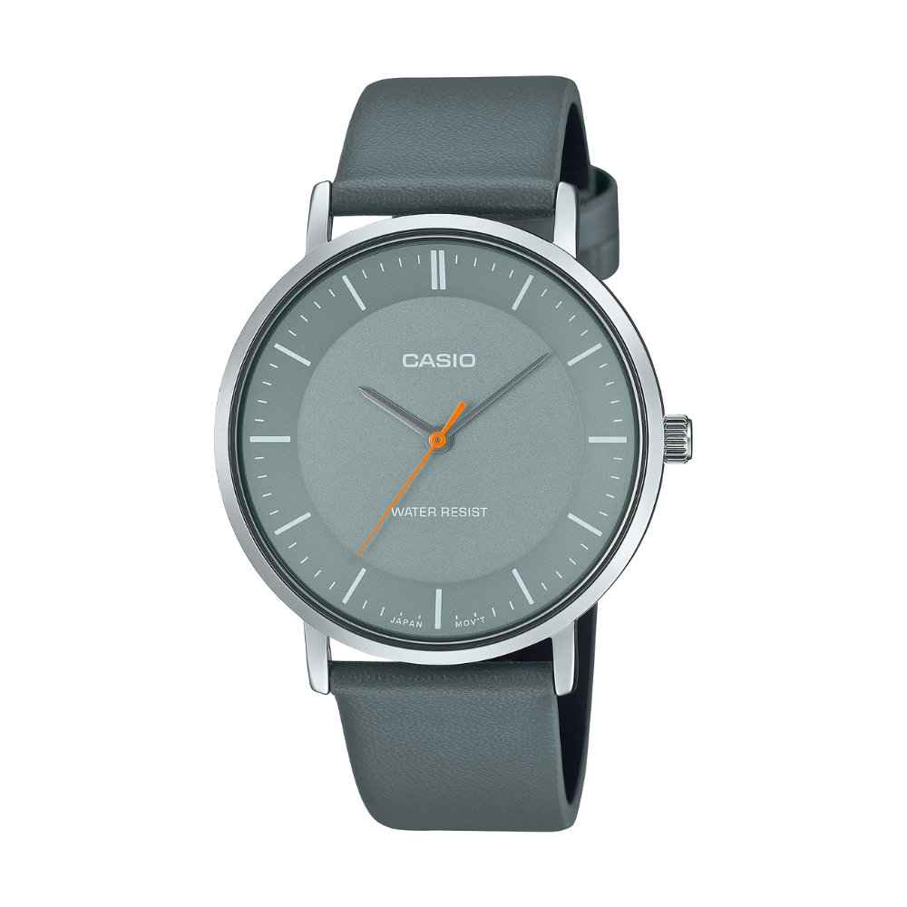 Casio watch with a green strap and gray dial on a white background