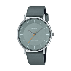 Casio watch with a green strap and gray dial on a white background