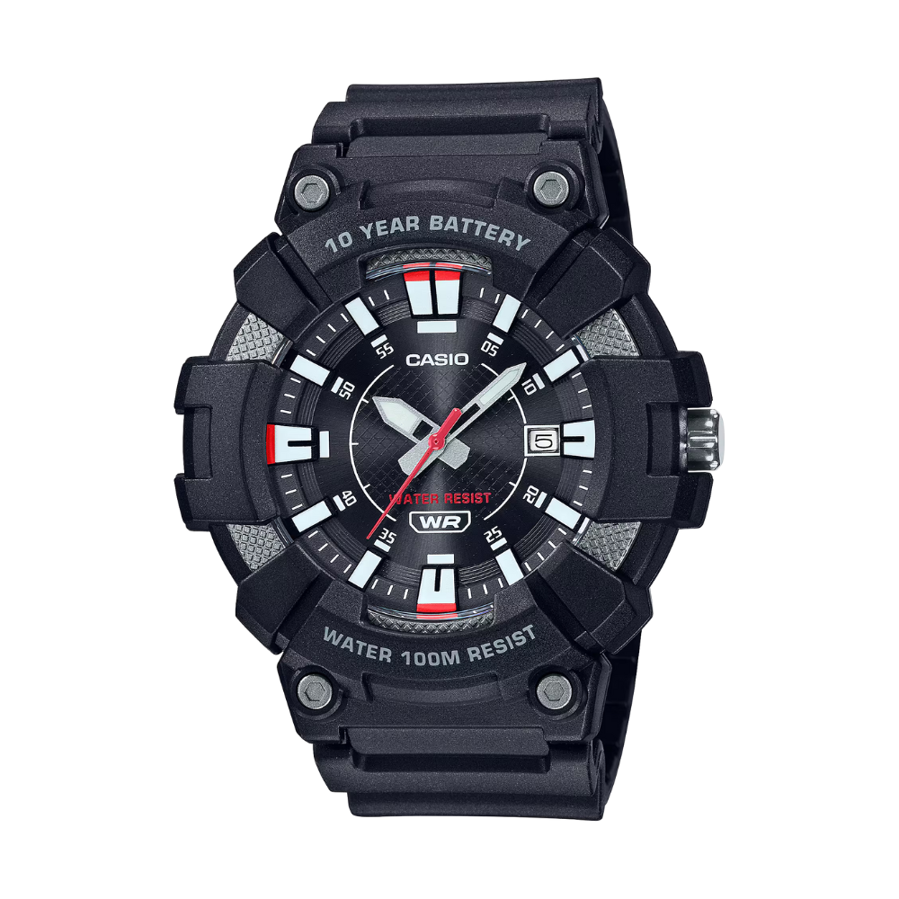 Black Casio watch with red accents on a white background
