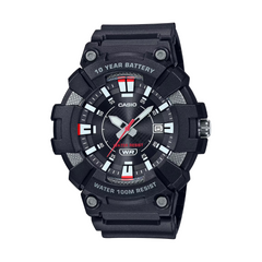 Black Casio watch with red accents on a white background