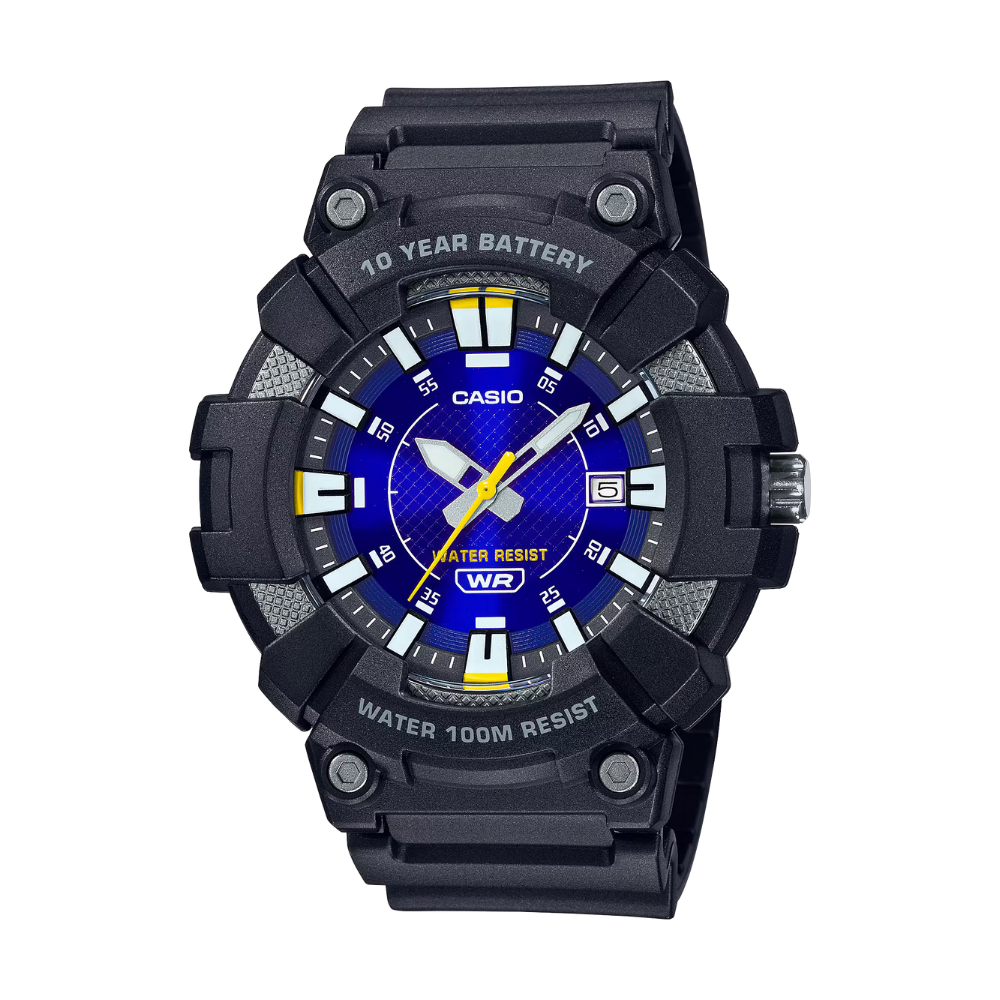 Black Casio watch with blue face on a white background