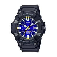 Black Casio watch with blue face on a white background